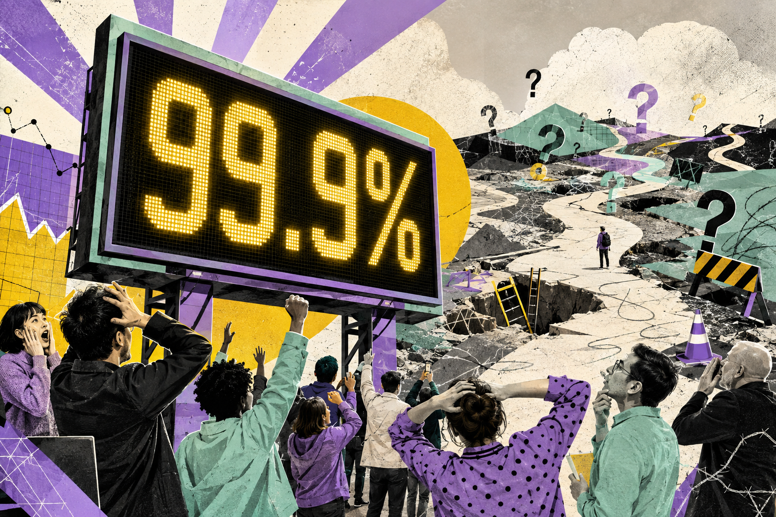 An editorial illustration contrasting a 99.9 percent AI benchmark headline with an uncertain real-world path